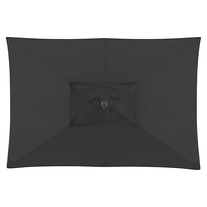 Doppler Alu Wood Marktschirm Ultra - Anthrazit, Bespannungsmaß (L x B): 210 x 140 cm - Nahaufnahme eines rechteckigen, schwarzen Sonnenschirms, der Schatten spendet und vor Sonne schützt, ideal für Gartenmöbel.