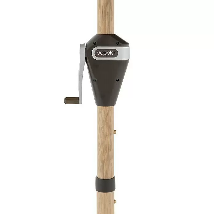 Doppler Alu Wood Marktschirm Ultra - Greige, Bespannungsmaß (L x B): 210 x 140 cm - Holz-Sonnenschirmstange mit dunkelbraunem und silbernem Kurbelmechanismus.