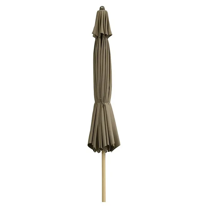 Doppler Alu Wood Marktschirm rund Ultra - Greige, Durchmesser Bespannung: 350 cm - Geschlossener, beiger Gartenschirm mit Holzstiel. Der hochwertige Schirm ist ideal für sonnige Tage im Freien.