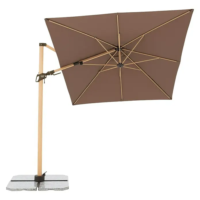 Doppler Alu Wood Ampelschirm AX Ultra - Greige, Bespannungsmaß (L x B): 300 x 220 cm - Ein quadratischer Sonnenschirm in Braun mit hellem Holzgestell und einem schweren Steinfuß, ideal für den Garten.