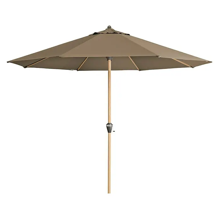 Doppler Alu Wood Marktschirm rund Ultra - Greige, Durchmesser Bespannung: 350 cm - Ein brauner Gartenschirm mit Holzstiel bietet Schatten und Schutz vor der Sonne im Freien.