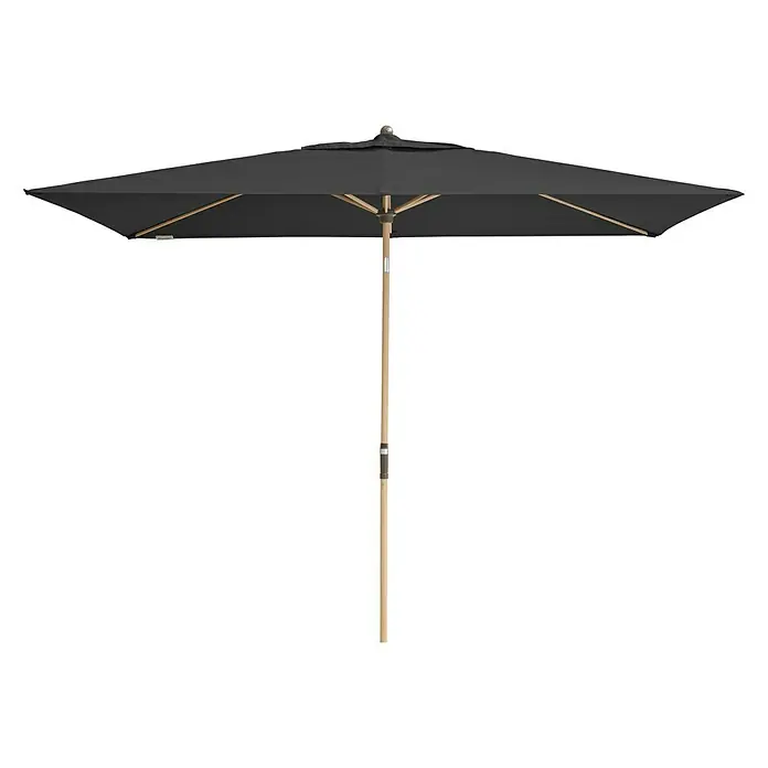 Doppler Alu Wood Marktschirm Ultra - Anthrazit, Bespannungsmaß (L x B): 300 x 200 cm - Ein eleganter schwarzer Sonnenschirm mit einem robusten Holzständer, ideal für den Einsatz im Garten oder auf der Terrasse.