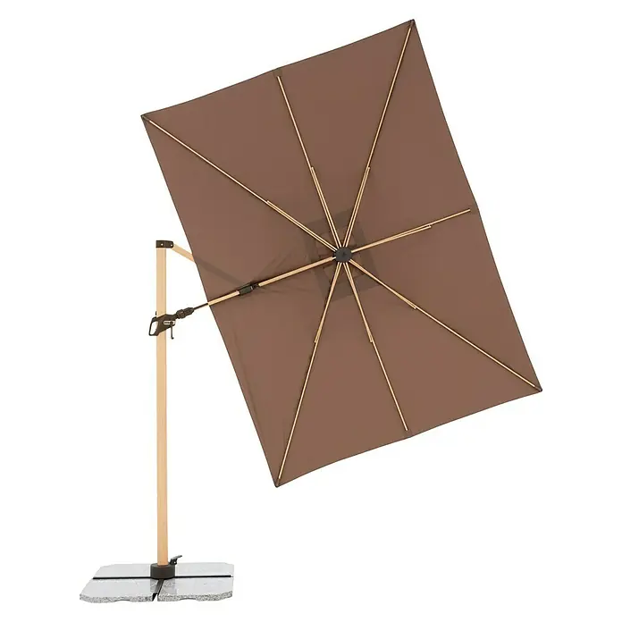Doppler Alu Wood Ampelschirm AX Ultra - Greige, Bespannungsmaß (L x B): 300 x 220 cm - Ein quadratischer, brauner Sonnenschirm mit Holzgestell und einem stabilen, weißen Sockel sorgt für Schatten im Freien.