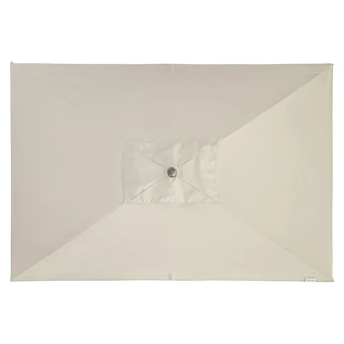 Doppler Alu Wood Marktschirm Ultra - Natur, Bespannungsmaß (L x B): 300 x 200 cm - Beige rechteckige Sonnenschirmbespannung, gesehen von oben, mit Verstärkung in der Mitte und kleinem Etikett an einer Ecke.