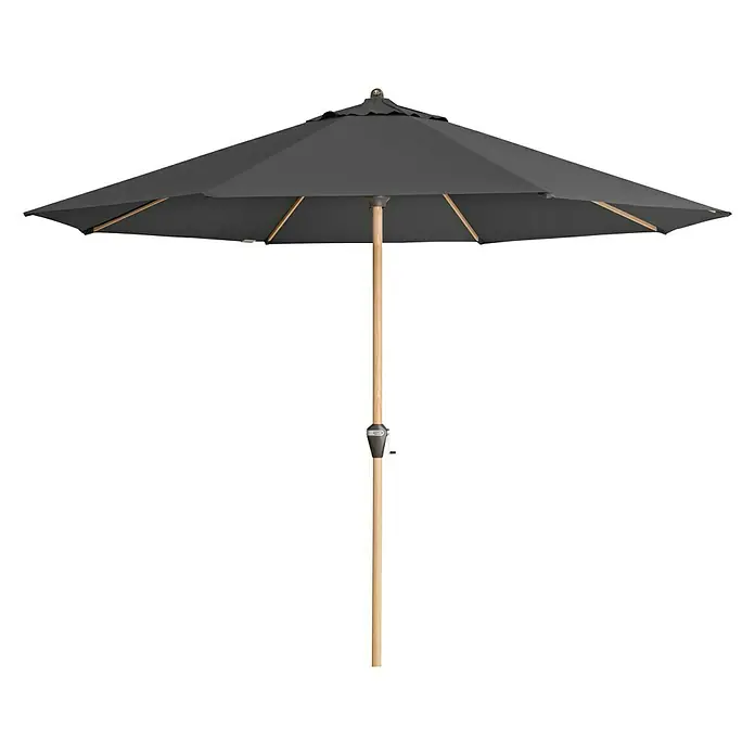 Doppler Alu Wood Marktschirm rund Ultra - Anthrazit, Durchmesser Bespannung: 350 cm - Abbildung eines eleganten, anthrazitfarbenen Sonnenschirms mit einem stabilen Holzstiel, ideal für stilvolle Beschattung im Außenbereich.