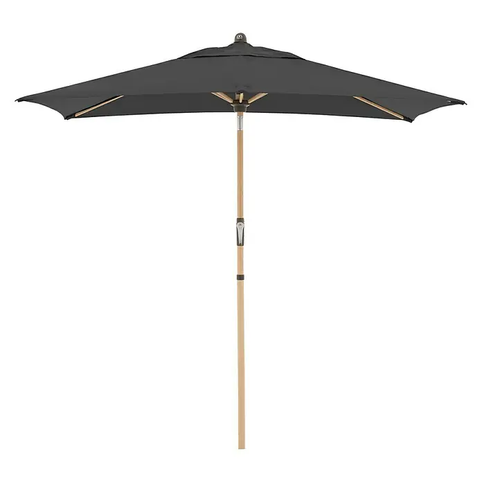 Doppler Alu Wood Marktschirm Ultra - Anthrazit, Bespannungsmaß (L x B): 210 x 140 cm - Detailaufnahme eines eleganten, rechteckigen Sonnenschirms mit Holzrahmen und dunkelgrauem Stoff, ideal für Garten und Terrasse.