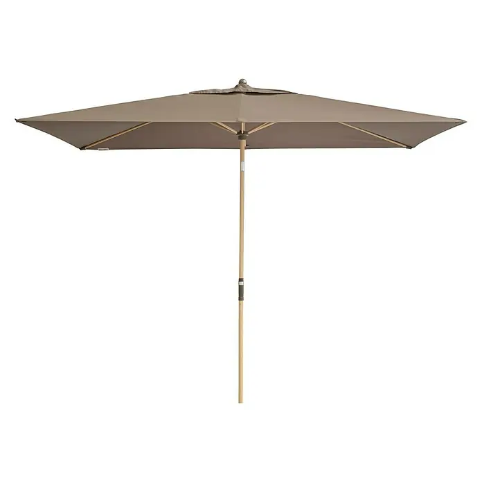 Doppler Alu Wood Marktschirm Ultra - Greige, Bespannungsmaß (L x B): 300 x 200 cm - Ein quadratischer, taupefarbener Sonnenschirm mit einem hölzernen Mittelständer, ideal für den Garten oder die Terrasse und spendet angenehmen Schatten.
