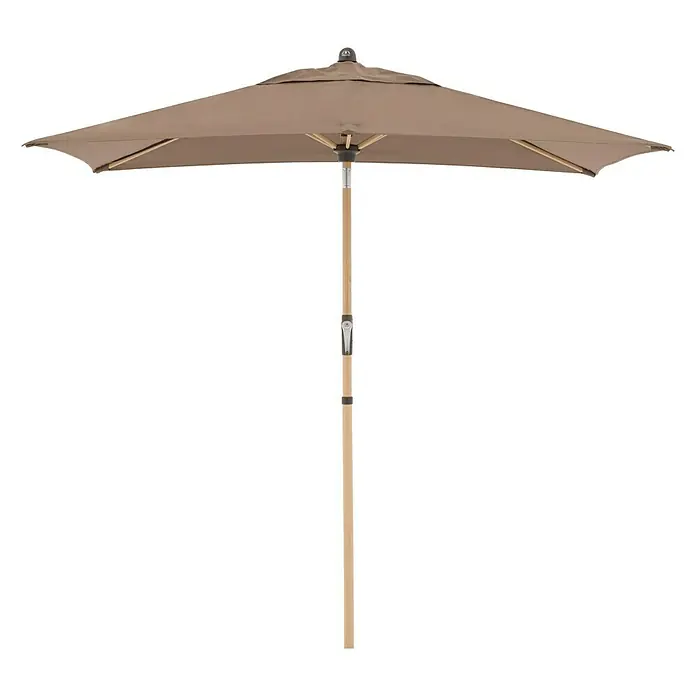 Doppler Alu Wood Marktschirm Ultra - Greige, Bespannungsmaß (L x B): 210 x 140 cm - Nahaufnahme eines rechteckigen, beigefarbenen Sonnenschirms mit Holzstiel.
