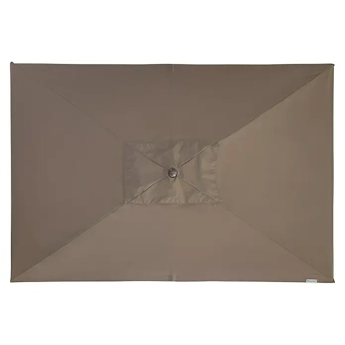 Doppler Alu Wood Marktschirm Ultra - Greige, Bespannungsmaß (L x B): 300 x 200 cm - Nahaufnahme einer rechteckigen, braunen Terrassenüberdachung mit Mittelpunkt und minimalistischem Design.