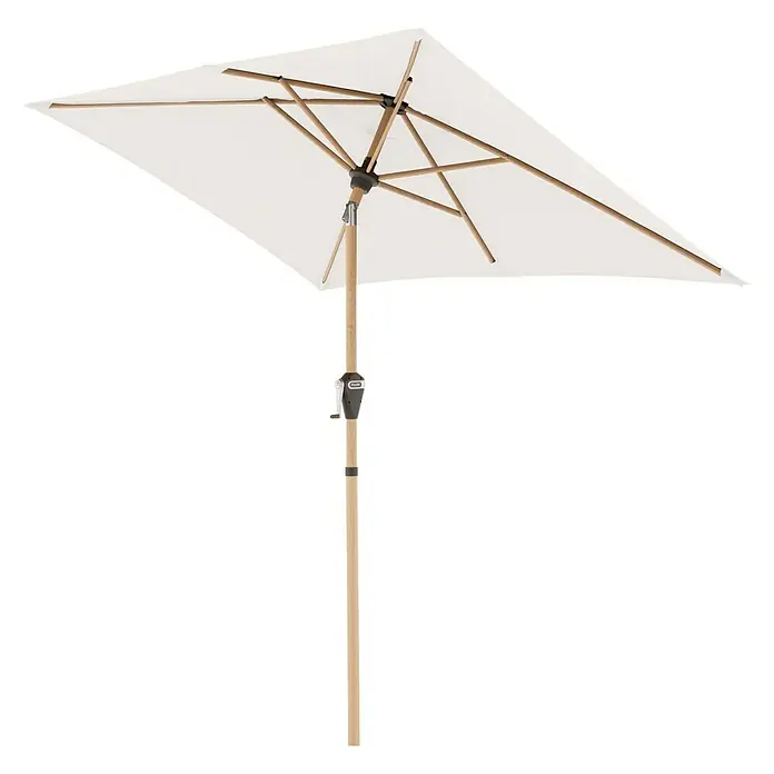 Doppler Alu Wood Marktschirm Ultra - Natur, Bespannungsmaß (L x B): 210 x 140 cm - Ein rechteckiger Gartenschirm in Weiß und Holz mit leicht geneigtem Schirmdach und stabilem Ständer.