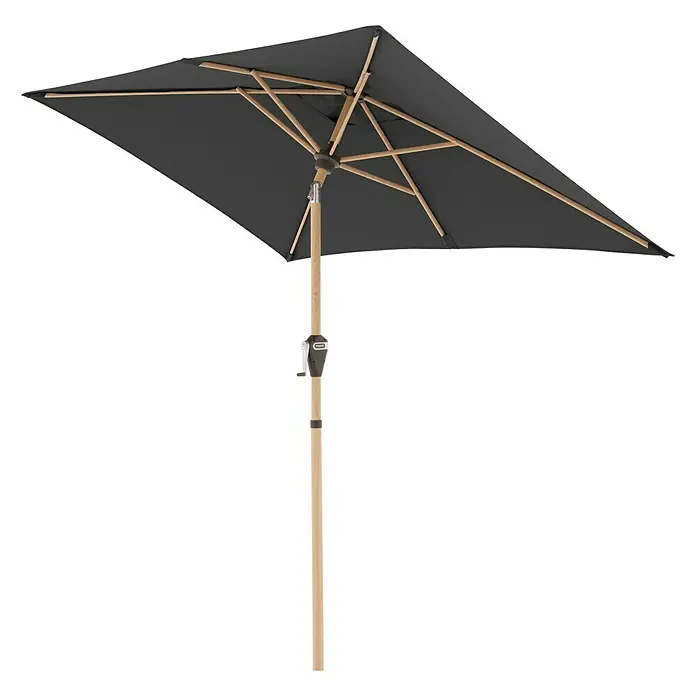 Doppler Alu Wood Marktschirm Ultra - Anthrazit, Bespannungsmaß (L x B): 210 x 140 cm - Ein rechteckiger Sonnenschirm mit dunklem Stoff und hölzernem Gestell bietet Schutz vor der Sonne.