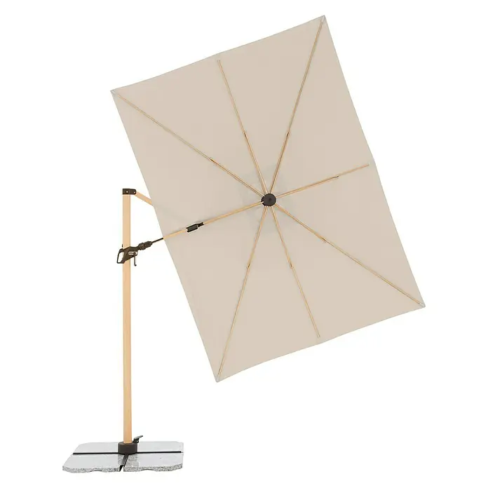 Doppler Alu Wood Ampelschirm AX Ultra - Natur, Bespannungsmaß (L x B): 300 x 220 cm - Schwenkbarer, quadratischer Gartenschirm in Beige mit stabilem Holzgestell und Steinplattenfuß für den Außenbereich.