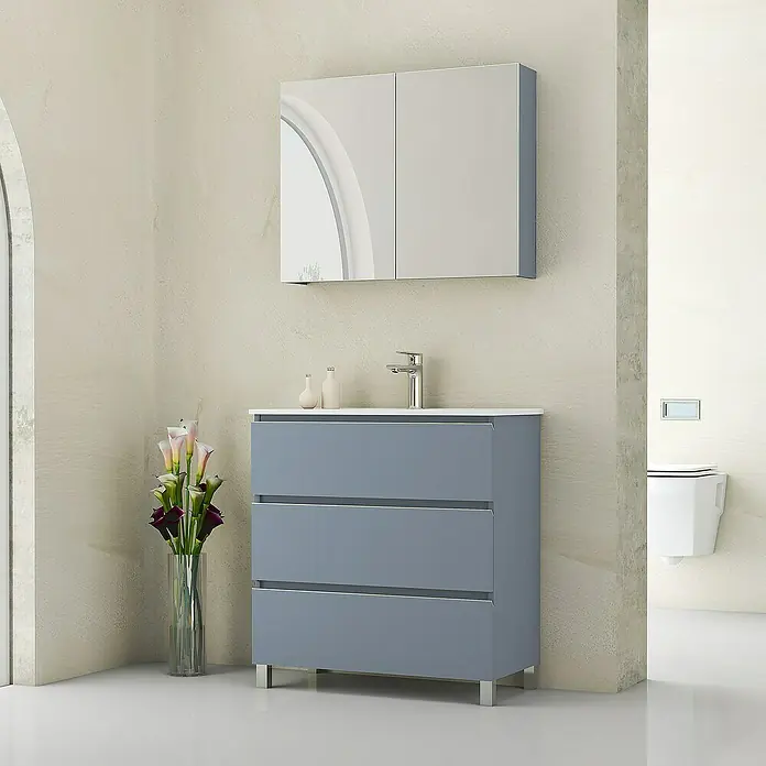 Artysan Mueble bajo de lavabo Ons - L x An x Al: 38,6 x 80 x 83,3 cm, Azul - Tocador de baño moderno con armario azul, espejo y grifo para un ambiente elegante.
