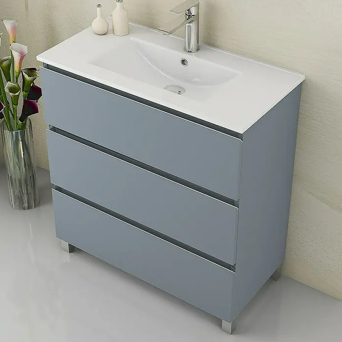 Artysan Mueble bajo de lavabo Ons - L x An x Al: 38,6 x 80 x 83,3 cm, Azul - Moderno mueble de lavabo gris con tres cajones, un lavabo blanco y un elegante grifo cromado para un baño con estilo.
