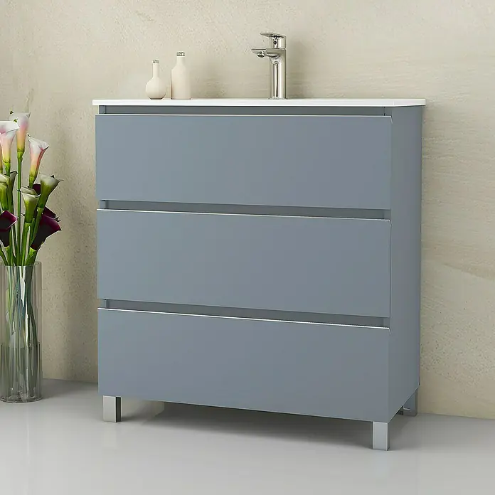 Artysan Mueble bajo de lavabo Ons - L x An x Al: 38,6 x 80 x 83,3 cm, Azul - Mueble de lavabo gris con tres cajones, grifo y decoración. Elegante pieza de mobiliario para el baño moderno.