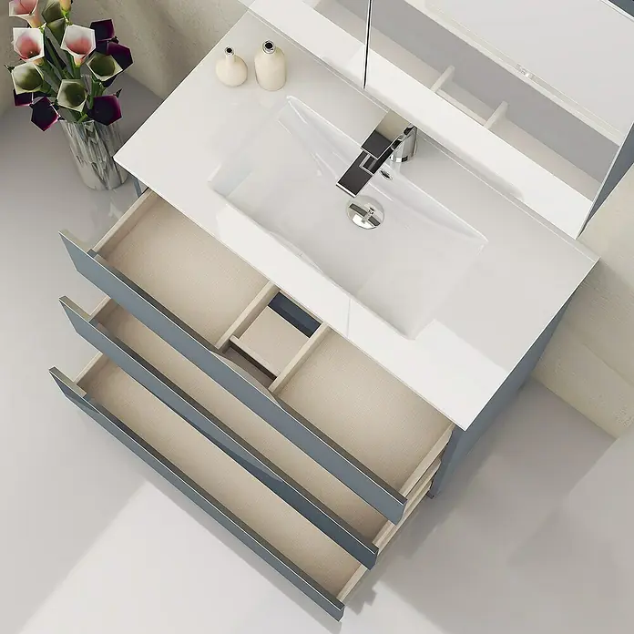 Artysan Mueble bajo de lavabo Ons - L x An x Al: 38,6 x 80 x 83,3 cm, Azul - Mueble de baño con sistema de cajones abiertos bajo un lavabo moderno, acentuado por una elegante grifería.
