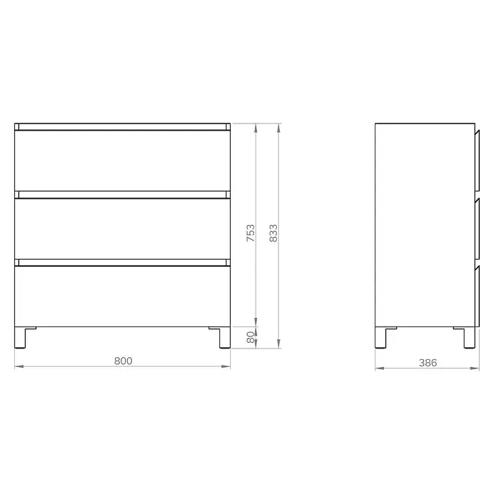 Artysan Mueble bajo de lavabo Ons - L x An x Al: 38,6 x 80 x 83,3 cm, Azul - Dibujo de una cómoda moderna con tres cajones, combinando funcionalidad y estilo. Las líneas limpias y las dimensiones precisas la hacen ideal.
