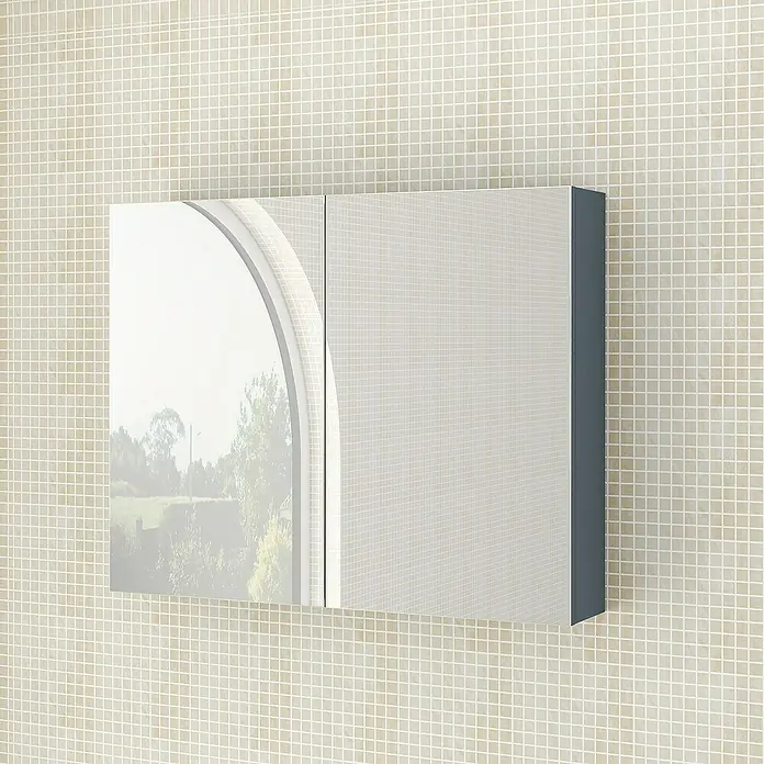 Artysan Armario con espejo Ons - An x Al: 80 x 65 cm, Plástico, Azul - Un moderno armario de baño con puertas de espejo montado en una pared de azulejos ofrece un práctico almacenamiento.