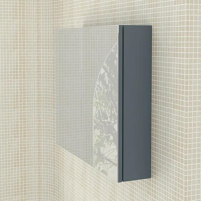 Artysan Armario con espejo Ons - An x Al: 80 x 65 cm, Plástico, Azul - Un elegante armario de baño con un frente espejado en un baño moderno. El armario ofrece un espacio de almacenamiento práctico y un diseño elegante.