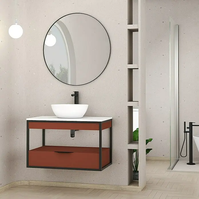 Artysan Conjunto de mueble de baño Izaro - Ancho: 80 cm, 3 pzs., Teja/Blanco, Mate - Lavabo de baño moderno con espejo redondo e iluminación elegante. El estante flotante proporciona almacenamiento adicional.