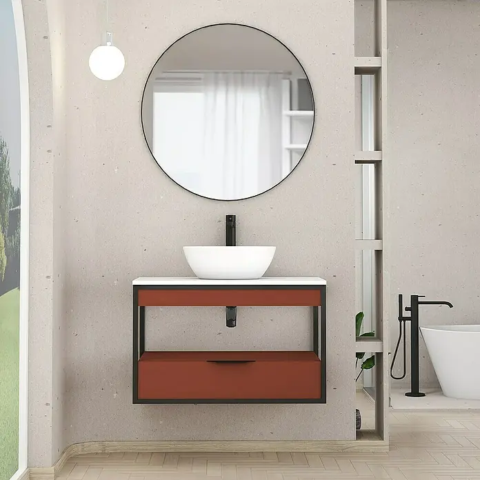 Artysan Conjunto de mueble de baño Izaro - Ancho: 80 cm, 3 pzs., Teja/Blanco, Mate - Un moderno mueble de baño con espejo redondo, lavabo sobre encimera blanco y cajón color terracota.