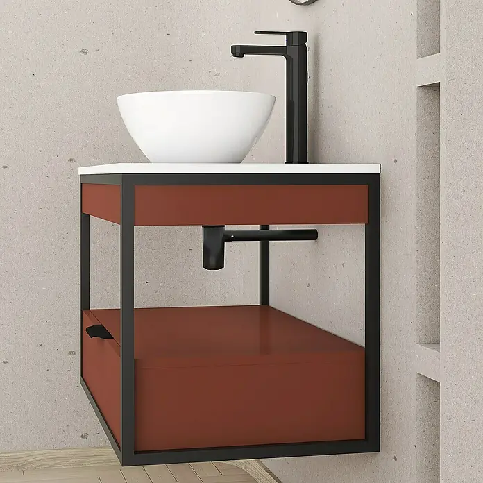 Artysan Conjunto de mueble de baño Izaro - Ancho: 80 cm, 3 pzs., Teja/Blanco, Mate - Elegante lavabo con grifo negro sobre un moderno mueble de baño en marrón y negro.
