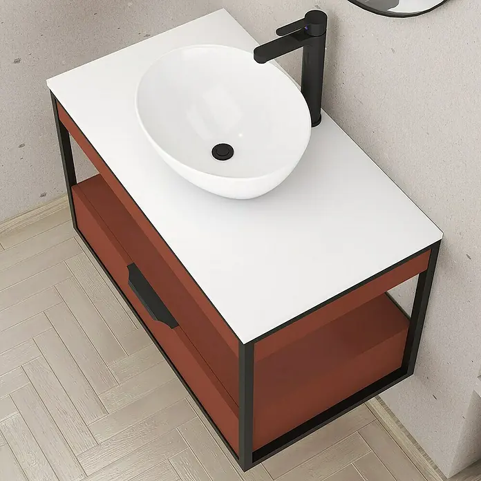 Artysan Conjunto de mueble de baño Izaro - Ancho: 80 cm, 3 pzs., Teja/Blanco, Mate - Vista superior de un moderno mueble de baño con encimera blanca, lavabo ovalado y grifo negro mate, ideal para baños con estilo.