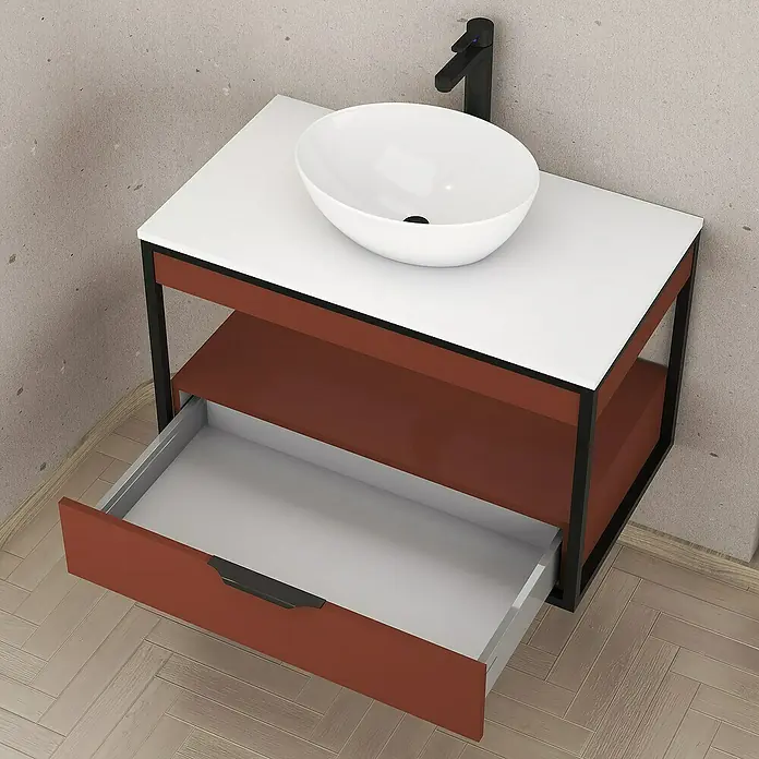Artysan Conjunto de mueble de baño Izaro - Ancho: 80 cm, 3 pzs., Teja/Blanco, Mate - Moderno conjunto de muebles de baño con lavabo sobre encimera, cajón abierto y grifo negro elegante para un baño estiloso.