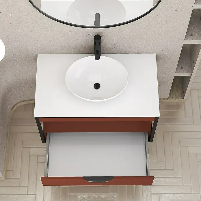 Artysan Conjunto de mueble de baño Izaro - Ancho: 80 cm, 3 pzs., Teja/Blanco, Mate - Baño moderno con mueble de lavabo marrón rojizo, lavabo sobre encimera blanco y grifo negro. Diseño elegante para tu baño.