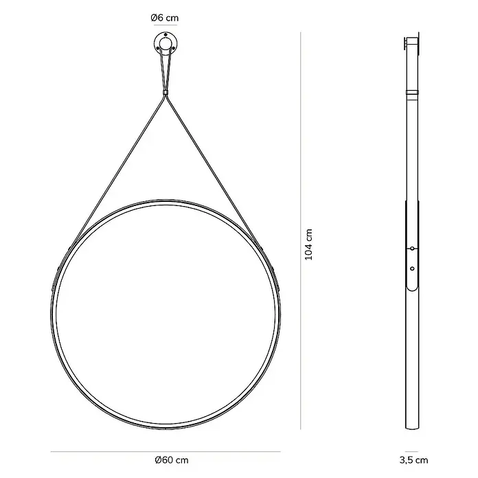 Artysan Espejo con marco Black Belt 60 - Diámetro: 60 cm, Negro - Dibujo técnico de un espejo redondo colgante con dimensiones de 60 cm de diámetro y 104 cm de altura.