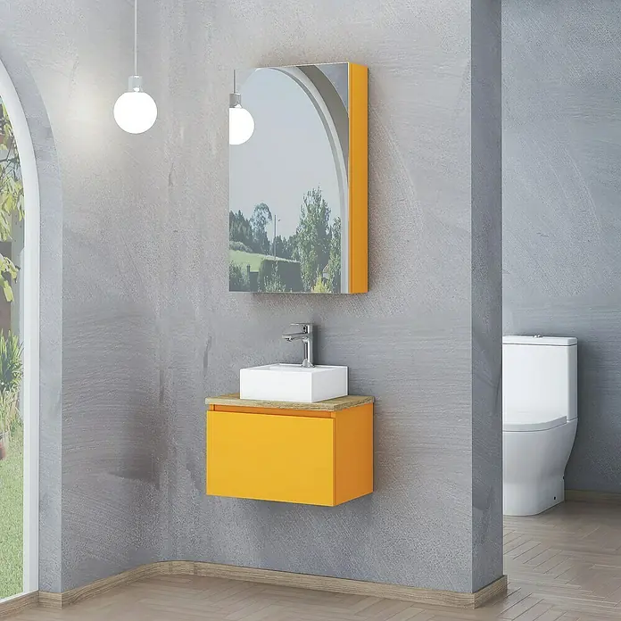 Artysan Conjunto de mueble de baño Buda - Mostaza, Mate - Moderno accesorio de baño con mueble amarillo, lavabo encastrado blanco y armario con espejo para un ambiente elegante.