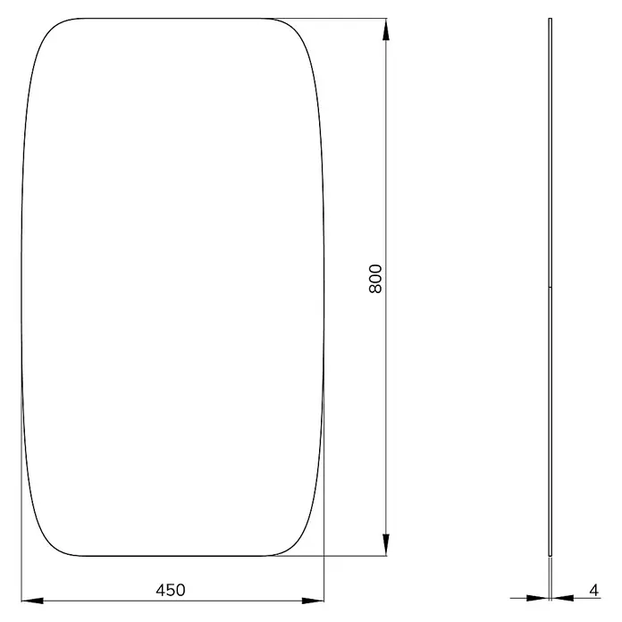 Artysan Espejo con luz - An x Al: 45 x 80 cm, LED, 9 W, Función antivaho - Dibujo técnico de un espejo con esquinas redondeadas, dimensiones 800 x 450 x 4 mm, ideal para planos y proyectos de diseño.