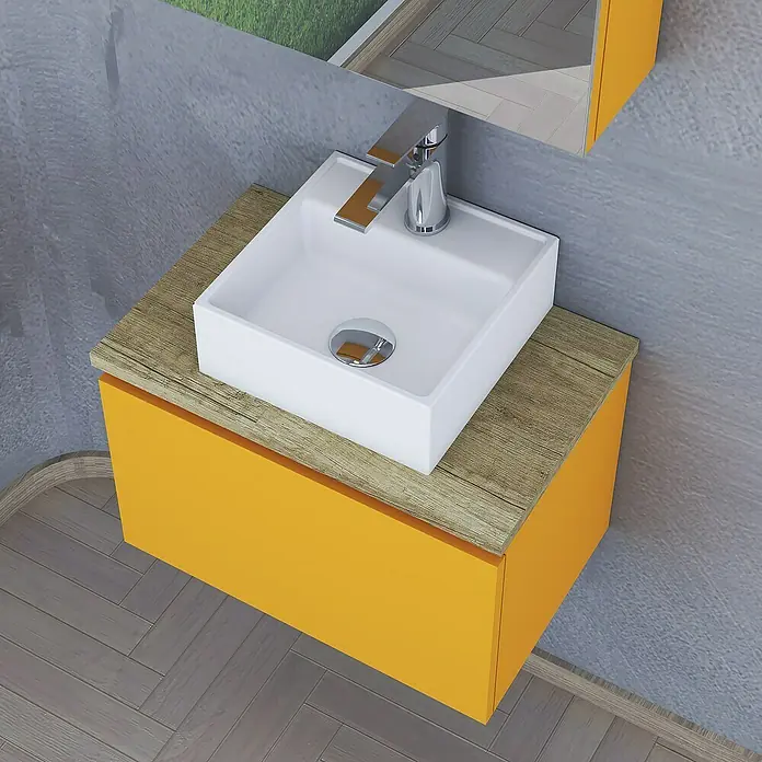 Artysan Conjunto de mueble de baño Buda - Mostaza, Mate - Primer plano de un lavabo de baño moderno con un mueble amarillo y grifo.