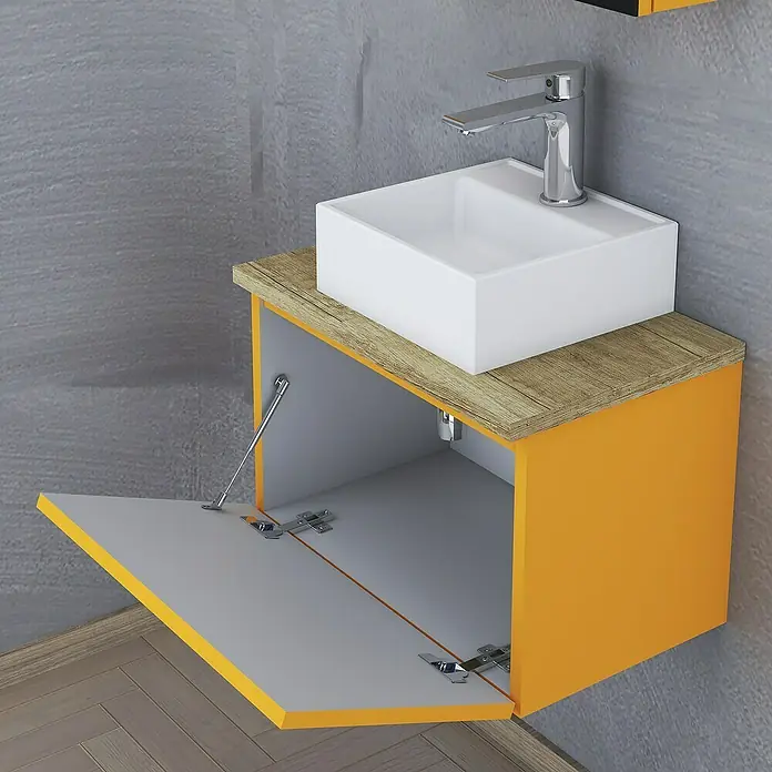 Artysan Conjunto de mueble de baño Buda - Mostaza, Mate - Lavabo moderno con mueble en amarillo y aspecto madera. El mueble de baño ofrece espacio de almacenamiento y un diseño elegante.