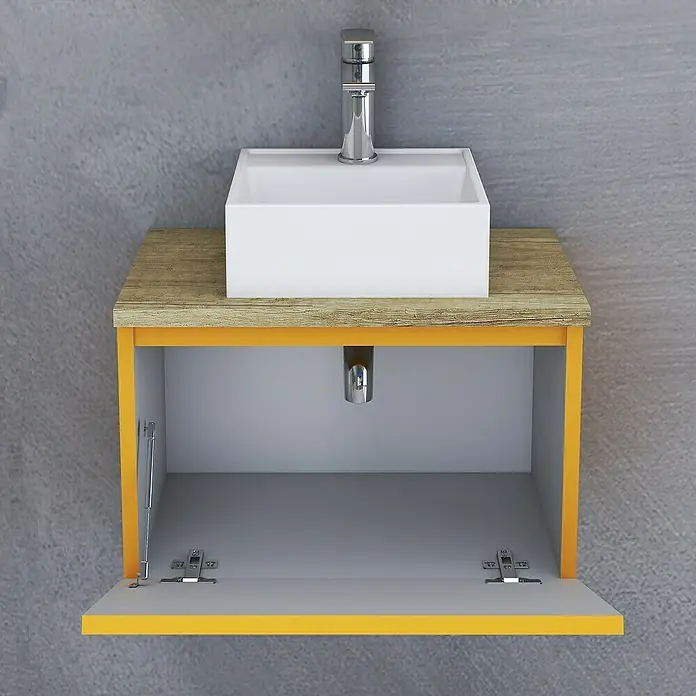 Artysan Conjunto de mueble de baño Buda - Mostaza, Mate - Lavabo de baño moderno con forma cuadrada y mueble amarillo. El lavabo está montado sobre una encimera de madera.