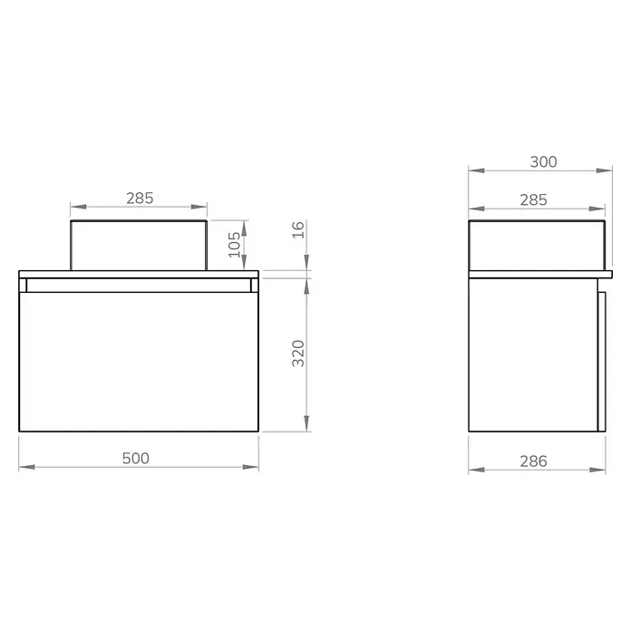 Artysan Conjunto de mueble de baño Buda - Mostaza, Mate - Dibujo técnico de un lavabo con dimensiones, mostrando la vista frontal y lateral. Las dimensiones ayudan en la planificación.
