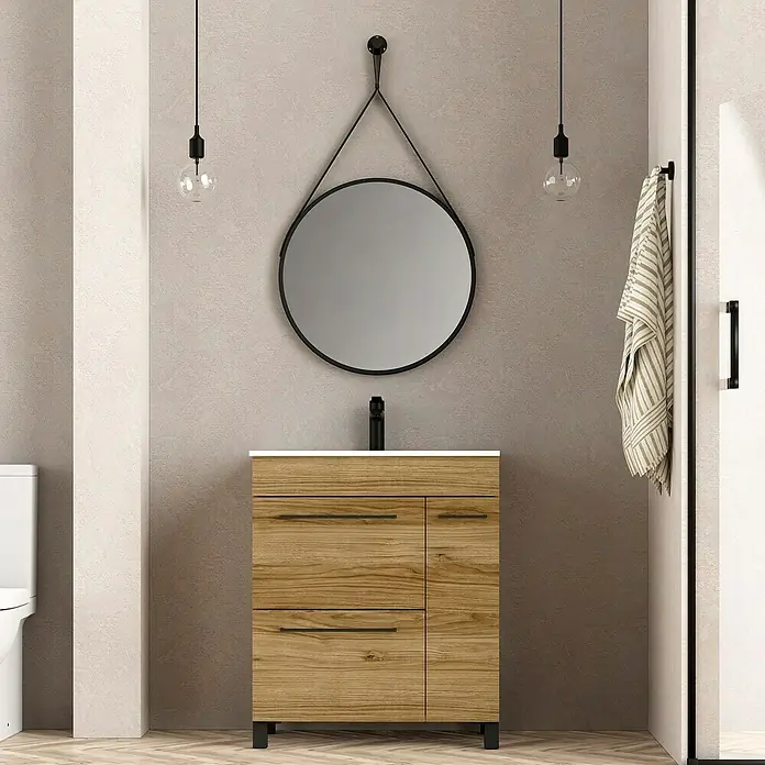 Artysan Mueble bajo de lavabo Tabarca - L x An x Al: 44,6 x 70 x 83,3 cm, Roble Guadarrama - Elegante mueble de baño de madera con moderno grifo negro y espejo redondo.