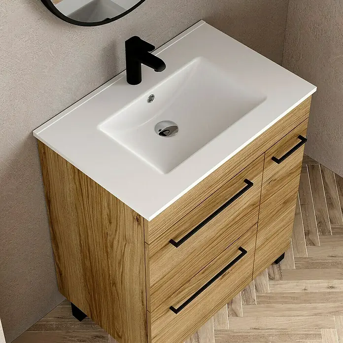 Artysan Mueble bajo de lavabo Tabarca - L x An x Al: 44,6 x 70 x 83,3 cm, Roble Guadarrama - Mueble de baño de madera con encimera blanca y grifo negro para el baño. Diseño moderno con cajones.