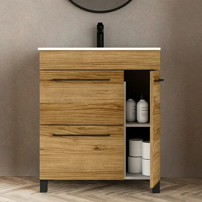 Artysan Mueble bajo de lavabo Tabarca - L x An x Al: 44,6 x 70 x 83,3 cm, Roble Guadarrama - Un tocador moderno de madera con cajones y un armario abierto para suministros de baño y toallas, elegante y funcional.