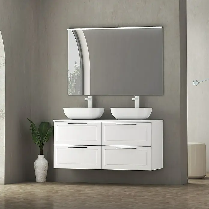 Artysan Mueble bajo de lavabo Toja - An x Pr x Al: 120 x 45 x 54,5 cm, Blanco - Lavabo de baño moderno con tocador blanco y espejo rectangular con iluminación integrada para un ambiente elegante.