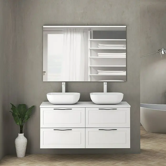 Artysan Mueble bajo de lavabo Toja - An x Pr x Al: 120 x 45 x 54,5 cm, Blanco - Un elegante interior de baño con un mueble de doble lavabo blanco con espejo iluminado y dos lavabos sobre encimera modernos.