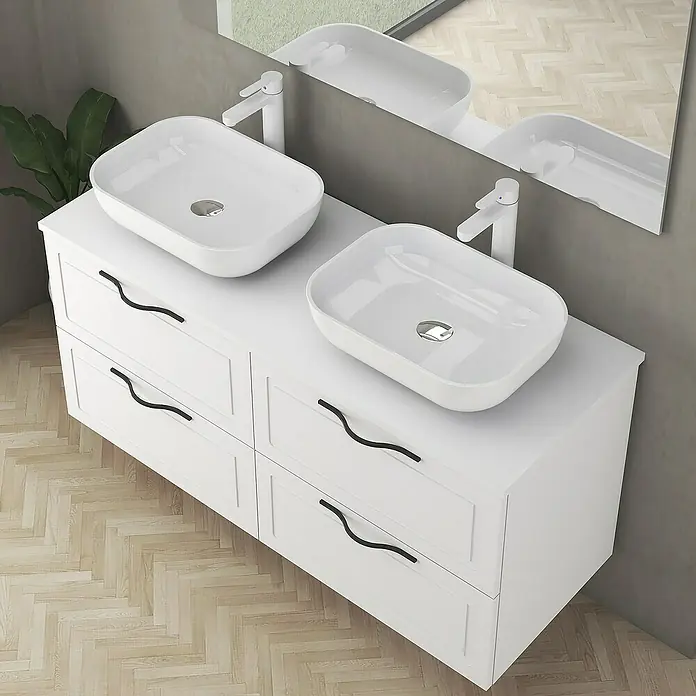 Artysan Mueble bajo de lavabo Toja - An x Pr x Al: 120 x 45 x 54,5 cm, Blanco - Moderno mueble de baño con lavabo doble sobre un mueble blanco con tiradores negros.