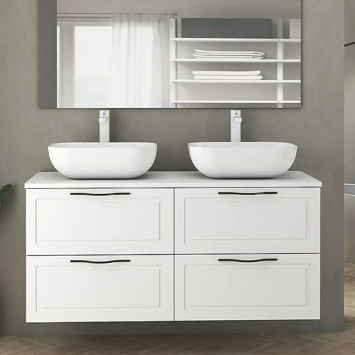 Artysan Mueble bajo de lavabo Toja - An x Pr x Al: 120 x 45 x 54,5 cm, Blanco - Elegante lavabo de baño con mueble blanco y tiradores negros, complementado con un espejo a juego.
