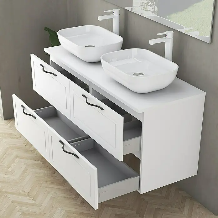 Artysan Mueble bajo de lavabo Toja - An x Pr x Al: 120 x 45 x 54,5 cm, Blanco - El tocador con dos lavabos y cajones abiertos proporciona un amplio espacio de almacenamiento en un baño moderno.