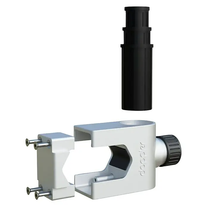 Doppler Balkonklammer Vario Fix - Für Rohrdurchmesser: 25 mm - 38 mm - Doppler-Produktbild: Eine Detailaufnahme einer Doppler-Klemme und eines schwarzen Adapters, die sich ideal für verschiedene Montageanwendungen eignen.