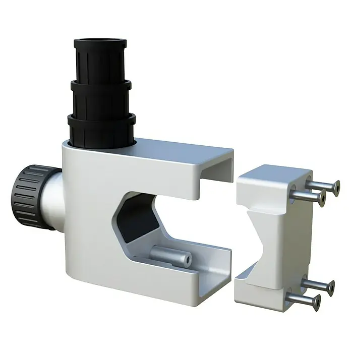 Doppler Balkonklammer Vario Fix - Für Rohrdurchmesser: 25 mm - 38 mm - Abbildung einer zweiteiligen Halterung, bestehend aus Aluminium, mit schwarzen Gummiverbindungsstücken und Schrauben zur Befestigung.