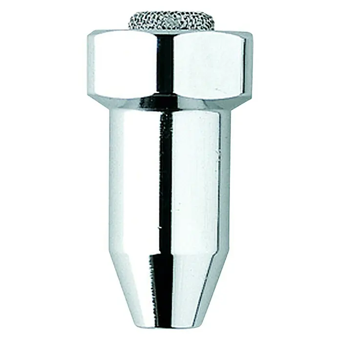 Grohe Entleerungsventil - ½″ - Nahaufnahme einer glänzenden, verchromten Düse mit gerändelter Spitze, die auf einem schwarzen Hintergrund isoliert ist.