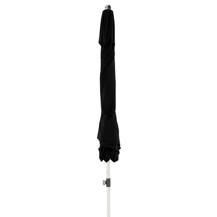 Doppler Expert Marktschirm rund Auto TiltSchwarz, Durchmesser Bespannung: 320 cm - Nahaufnahme eines zusammengefalteten schwarzen Sonnenschirms mit einem weißen Mast.