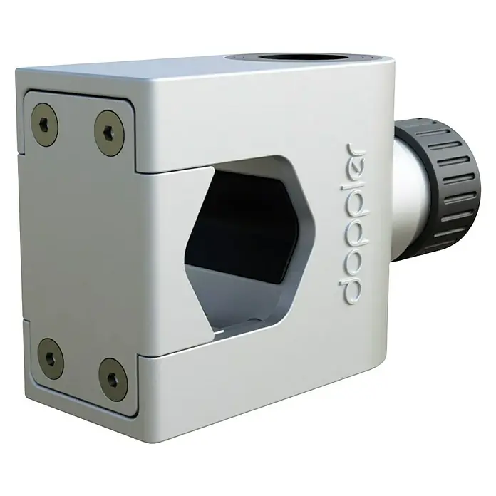 Doppler Balkonklammer Vario Fix - Für Rohrdurchmesser: 25 mm - 38 mm - Produktansicht eines Doppler-Sensors. Das Gerät ist weiß und hat einen Drehknopf für Einstellungen. Ideal für präzise Messungen.
