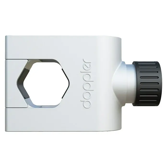 Doppler Balkonklammer Vario Fix - Für Rohrdurchmesser: 25 mm - 38 mm - Nahaufnahme eines weißen Doppler-Radarsensors mit sechseckiger Öffnung und Einstellknopf.